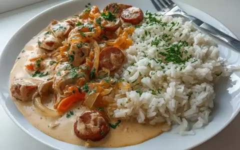 En tallrik med krämig korv stroganoff och fluffigt ris, toppat med färsk persilja. En klassisk svensk rätt som värmer själen.