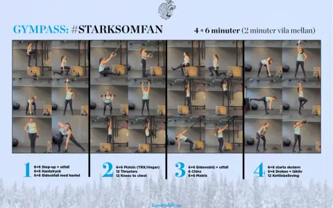 En kvinna utför olika övningar med hantlar, bland annat utfall med hantlar, som en del av ett gympass.