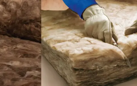 Mani guantate tagliano materiale isolante, dimostrando la legge della massa acustica per un ambiente silenzioso.