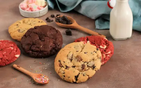 Verschiedene amerikanische Cookies: Schoko, Red Velvet und Chocolate Chip. Dazu Marshmallows, Schokostückchen und Milch.