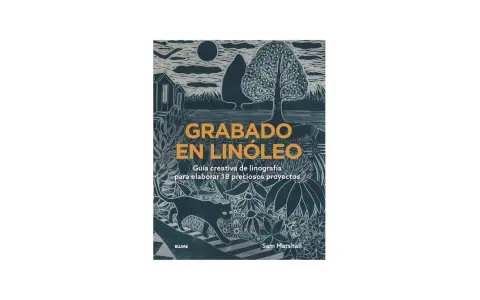 Portada de libro "Grabado en linóleo", con un diseño detallado de linograbado que incluye un gato, flores, un árbol y una casa.