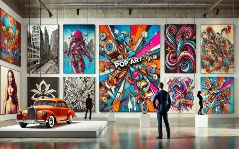 Galerie d'art moderne avec une voiture orange vintage. L'estimation tableau est en cours, avec des œuvres pop art colorées et abstraites.