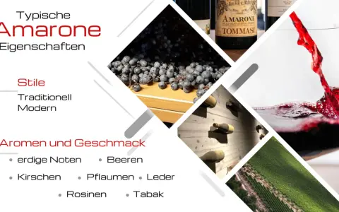 Amarone: typische Eigenschaften, Stile, Aromen wie Beeren, Kirschen, Pflaumen, Rosinen, Tabak. Erdig, Leder.