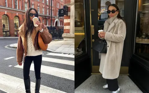 Deux femmes arborent une tenue d'hiver swag : l'une avec un blouson en cuir marron et un pull torsadé, l'autre avec un long manteau en fausse fourrure beige.