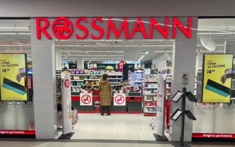 Wejście do drogerii Rossmann. Na ekranie obok reklama formy do pieczenia za 14,99 zł. Sprawdzam rossmann foto cennik.