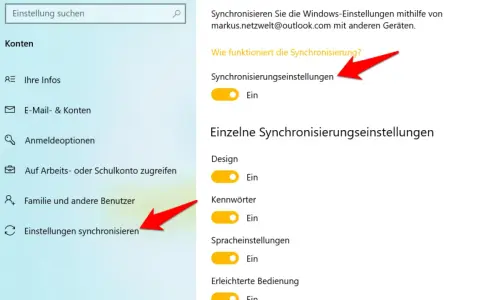 Windows-Einstellungen: "Einstellungen synchronisieren" ist aktiviert, um Ihre Daten auf anderen Geräten zu sichern.