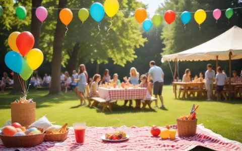 Färgglada ballonger svävar över en picknick med familj och vänner. En härlig dag för roliga femkampsgrenar och gemenskap i solen.