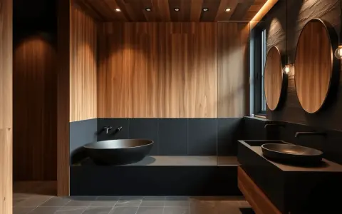 Élégante salle d'eau noir et bois, avec baignoire îlot, double vasque et miroirs ronds.