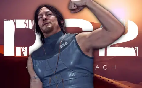 Norman Reedus, con su brazo flexionado, anuncia Death Stranding 2. El paisaje desértico y el logo del juego completan la imagen.