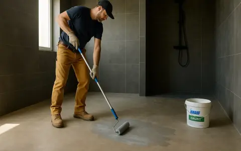Pracownik wykonuje hydroizolację łazienki, nakładając grunt wałkiem na podłogę. Obok stoi wiadro z produktem Knauf.