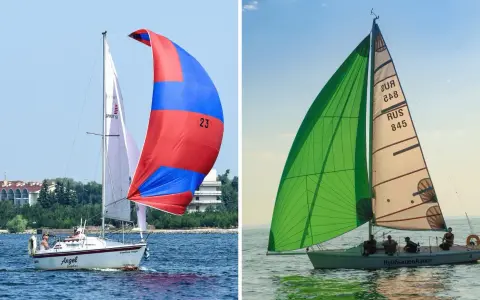 Voiliers en pleine course, l'un avec un spi asymétrique rouge et bleu, l'autre avec une voile verte éclatante.