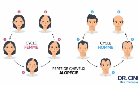 Illustration du cycle de perte de cheveux chez l'homme et la femme, montrant le début de calvitie et l'alopécie.