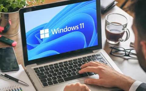 Mann tippt auf Laptop mit Windows 11. Ein netspeedmonitor könnte hier nützlich sein, um die Leistung zu prüfen.