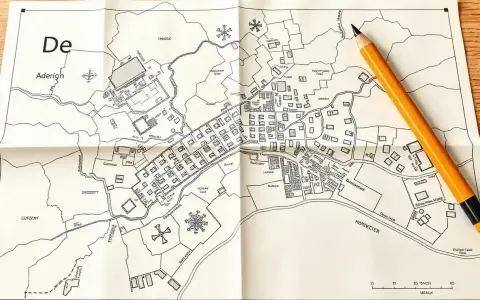 Ołówek spoczywa na złożonej mapa do celów projektowych przedstawiającej miasto z budynkami, rzeką i polami.