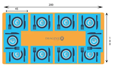 Diagrama de mesa de comedor para 4 personas, con medidas de 200x100 cm. Cada puesto incluye plato, tenedor y cuchillo.