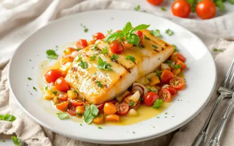 Filet de poisson grillé nappé d'une sauce vierge aux tomates cerises et herbes fraîches, servi sur un lit de légumes croquants.