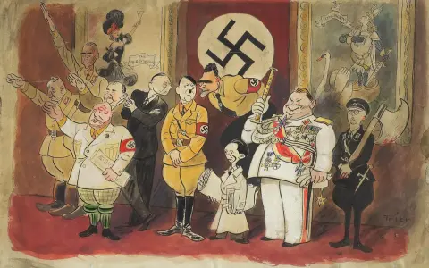 Karikatur des Nationalsozialismus: Hitler und seine Gefolgsleute, darunter Göring und Goebbels, werden grotesk dargestellt.