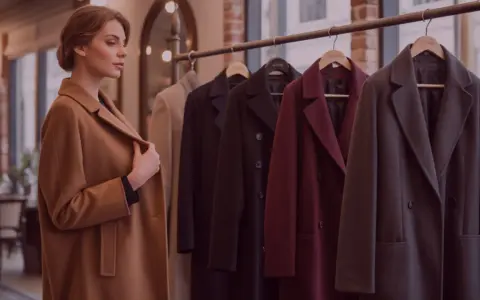 Donna in un negozio di abbigliamento esamina un cappotto. Sullo sfondo, una fila di cappotti da uomo e sneakers.