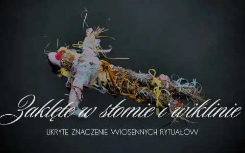 Słomiana kukła z kolorowymi wstążkami, symbol wiosennego obrzędu ludowego, pływa na ciemnej wodzie.