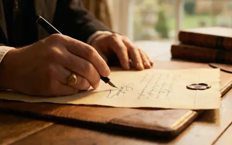 Main tenant signe un document avec un sceau de cire, peut-être pour son assurance vie en cas de suicide.