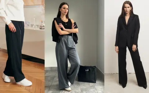 Stylizacje z szerokimi spodniami: czarne, szare, z marynarką lub swetrem. Jaka marynarka do szerokich spodni? Oto inspiracje.