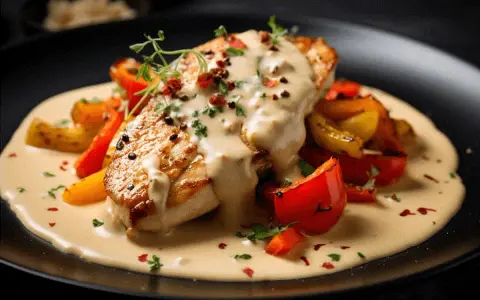 En saftig kycklingfilé med krämig pepparsås och rostade grönsaker. Ett perfekt pepparsås recept för en lyxig middag.