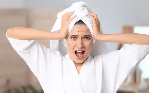 Verzweifelte Frau mit Pickeln im Gesicht, die ihre Hände an den Kopf legt. Sie leidet unter oxidativem Stress der Haut.