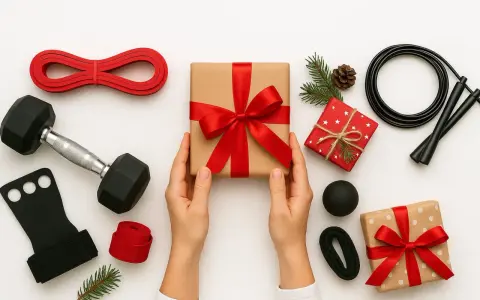 Här är julklappar till julklappsspelet: en hantel, hopprep, träningsband och andra träningsredskap.