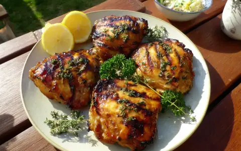 Grillade kycklinglårfileer med örter och citronklyftor, serverade på en tallrik med potatissallad i bakgrunden.