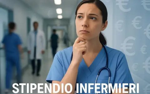Un'infermiera pensierosa riflette sul suo stipendio, con simboli dell'euro sullo sfondo.
