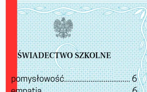 Świadectwo szkolne z godłem Polski. Widoczny pasek z napisem "pomysłowość" i oceną 6.