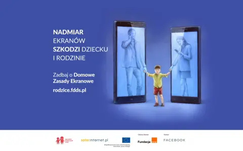 Nadmiar ekranów szkodzi dziecku i rodzinie. Chłopiec trzyma za ręce rodziców uwięzionych w smartfonach.