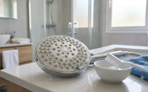 Limpieza de alcachofa de ducha con cal. Cepillo, bol con agua y paño azul listos para ayudarte a como quitar la cal de la alcachofa de la ducha.