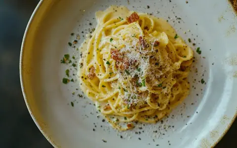 Ein Teller cremiger Spaghetti Carbonara, bestreut mit Pecorino, schwarzem Pfeffer und knusprigen Speckwürfeln.