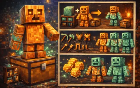 Un golem de cobre, con ojos brillantes, se alza sobre un cofre. En paneles adyacentes, se muestra su creación, herramientas y su evolución a un golem oxidado.