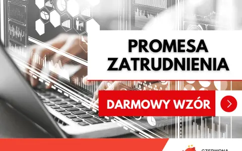 Ręce nad klawiaturą laptopa, nad nimi grafiki z danymi. Na białym tle napis "PROMESA ZATRUDNIENIA" i "DARMOWY WZÓR".