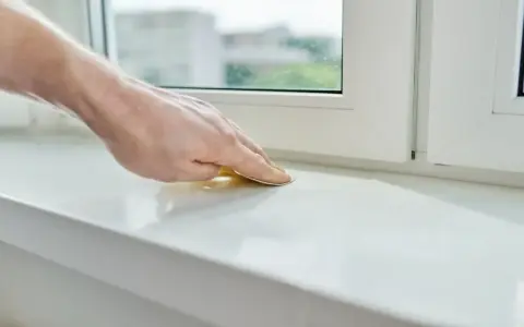 Dłoń szlifuje biały parapet, przygotowując go do montażu nakładki.