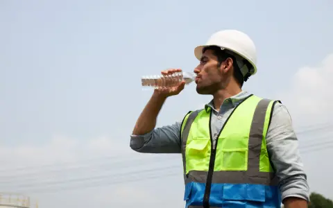 Mann in Warnweste und Helm trinkt Wasser. Hitzefrei auf dem Bau ist wichtig, um hydriert zu bleiben.