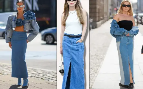 Tres mujeres lucen un outfit falda vaquera larga. Una con chaqueta y top a juego, otra con top blanco y cinturón, y la tercera con top negro y chaqueta vaquera.