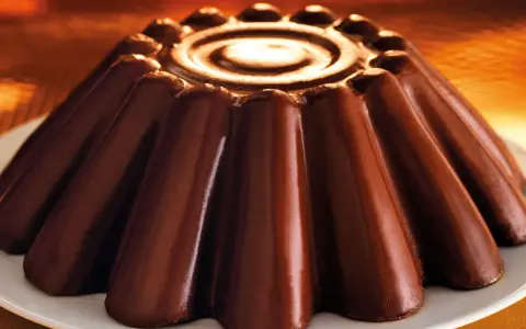 Budino al cioccolato lucido e invitante, con un disegno a spirale al centro e un bordo decorato.