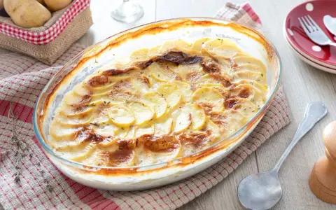 Un gratin dauphinois doré et crémeux, digne d'une recette de Cyril Lignac, prêt à être dégusté.