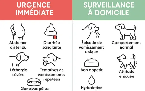 Urgence vétérinaire : chien avec diarrhée sanglante, abdomen distendu, léthargie, gencives pâles. Surveillance : épisode de vomissement unique, bon appétit.