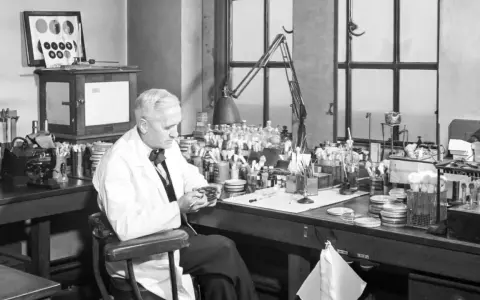 Un scientifique examine une boîte de Pétri, rappelant la découverte de la pénicilline, une avancée majeure dans l'histoire de la médecine, à l'image des travaux de Pasteur.