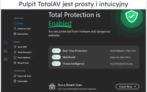 Interfejs programu TotalAV pokazuje, co to jest antywirus: ochrona w czasie rzeczywistym, WebShield i Threat Intelligence.
