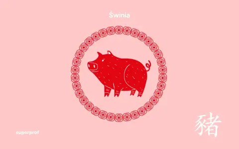 Czerwona, stylizowana świnia w okręgu z chińskim znakiem zodiaku. Rok 1995 był rokiem świni.