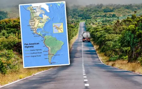 Mapa Pan American Highway z trasą od Alaski do Argentyny, obok droga przez zielone wzgórza z ciężarówką.