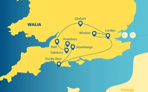 Mapa Wielkiej Brytanii z zaznaczonymi atrakcjami: Londyn, Windsor, Oksford, Bath, Salisbury, Stonehenge, Amesbury, Durdle Door.