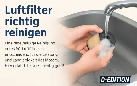 Hände reinigen einen RC-Luftfilter unter fließendem Wasser. Regelmäßiges Luftfilter reinigen sichert Motorleistung und Langlebigkeit.