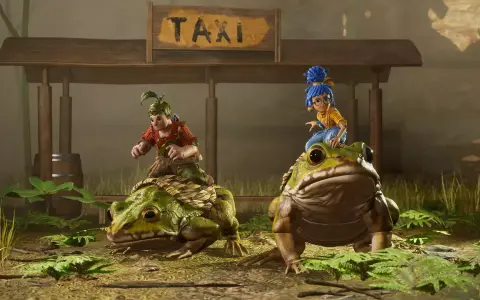 Deux personnages montent des grenouilles devant un panneau TAXI. Une scène de jeu mobile multijoueur entre amis.