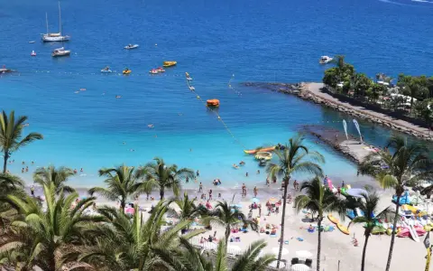 Słoneczne gran canaria plaże z palmami, turkusową wodą i ludźmi odpoczywającymi na piasku. Widać łodzie i sprzęt wodny.